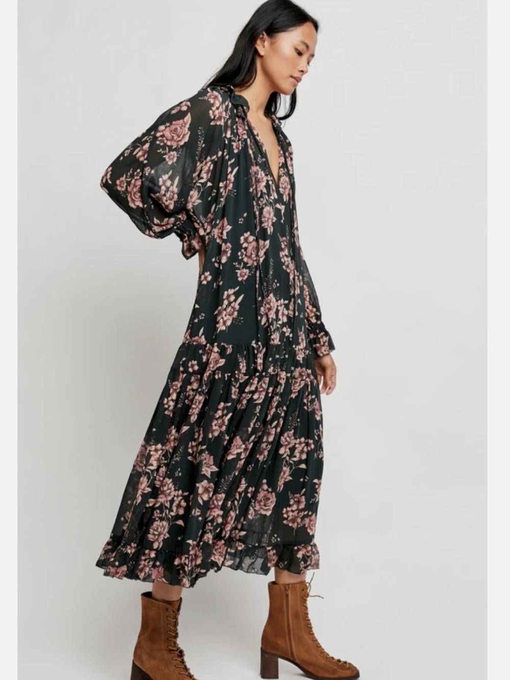 Free People Dark Green Maxi Dress with Pink Floral Print